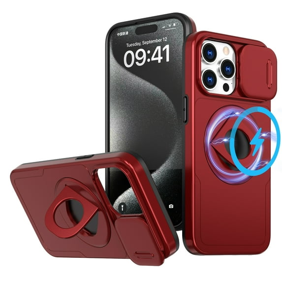 Decase for iPhone 15 Military Grade Protection Case,Compatible with MagSafe,Built-in Rotation Ring Holder Stand,with Slide Camera Lens Protector,Slim Anti-Scratch Shockproof Cover,Red