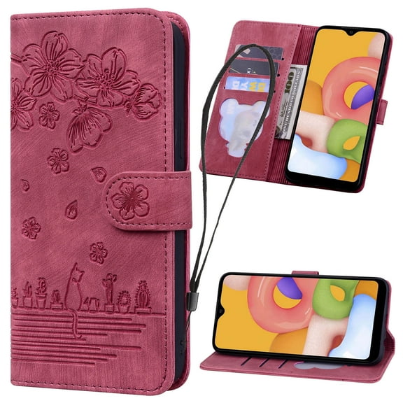 Decase for iPhone 15 Phone Case with Wallet Card Holder,Floral Flower Cute Cat Embossed PU Leather Folding Kickstand Phone Cover with Wrist Strap,for Apple iPhone 15 6.1" - Red
