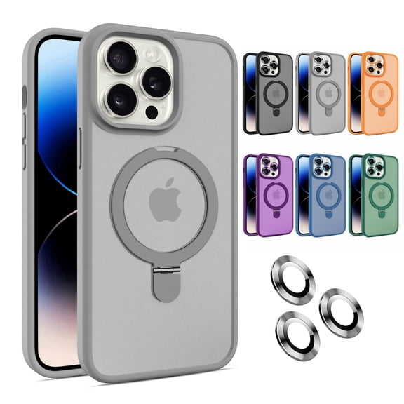 Decase for iPhone 15 Plus Compatible with Mag Safe Case,Built-in Invisible Foldable Ring Stand,with Lens Protector Film,Slim Shockproof TPU Bumper Anti-Scratch Translucent PC Cover Case,Gray