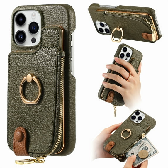 Decase for iPhone 15 Plus Zipper Wallet Casa,with Credit Card Holder,Built-in Ring Stand,RFID Blocking Design,Rugged Shockproof PU Leather Protective Case,Support Magnetic Car Mount,Armygreen