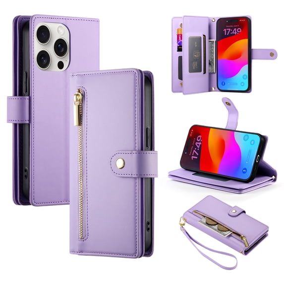 Decase for iPhone 15 Pro Case, Zipper Wallet Leather Case with Money Pocket 9 Card Slots Wrist Strap, Purse Clutch with Magnetic Flip Case for iPhone 15 Pro,Purple