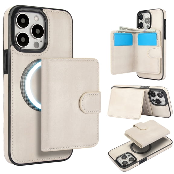 Decase for iPhone 15 Pro Flip PU Leather Back Cover with 2-in-1 Detachable Magnetic Wallet with 5 Card Slots Compatible Mag-Safe and RFlD Blocking Kickstand and Wireless Charging,White