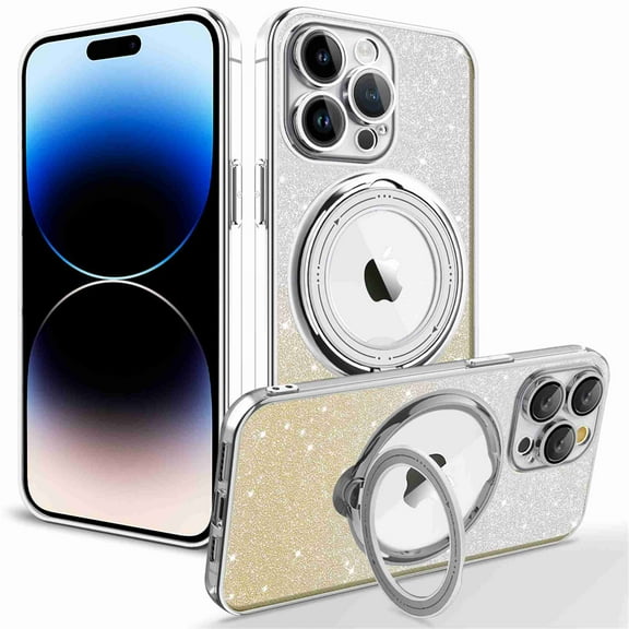 Decase for iPhone 15 Pro, Magnetic Invisible Foldable 360 Rotation Ring Stand Case,Compatible with Mag Safe,Luxury Sparkle Bling Glitter Shockproof Anti-Scratch Slim Case Cover, silver