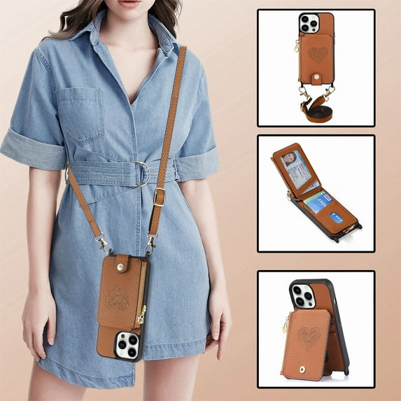 Decase for iPhone 15 Pro Max 6.7",Stylish Crossbody Wallet Case With Detachable Lanyard Strap,PU Leather Zipper Card Pocket Stand Cover Support Magnetic Car Mount,for iPhone 15 Pro Max Case - Brown