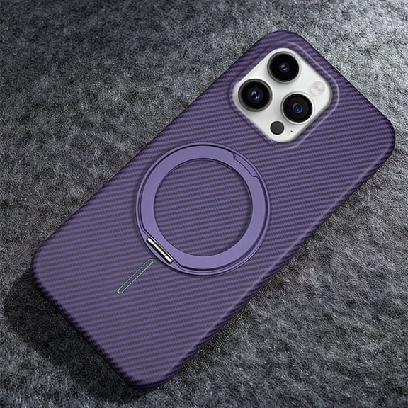 Decase for iPhone 15 Pro Max Carbon Fiber Texture Case with Ring Kickstand,Magnetic Shockproof Hard PC Back,Non-Slip Slim Heat-Dissipation Matte Cover,Purple