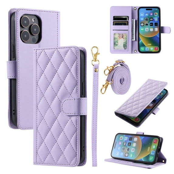 Decase for iPhone 15 Pro Max Case Wallet with Card Holder for Women Man,Elegant Style Protective Leather Stand Cover Magnetic Clasp Crossbody Strap & Wristband,for iPhone 15 Pro Max- purple