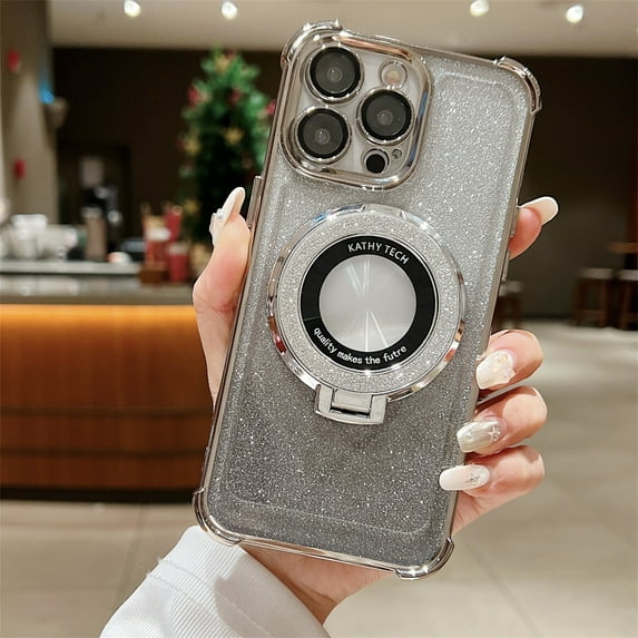 Decase for iPhone 15 Pro Max Compatible with Mag Safe Case,Built-in Invisible Foldable Ring Holder Stand,Slim Luxury Shockproof Anti- Scratch Protective Sparkle Bling Glitter Case Cover,Gray