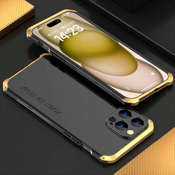 Decase iPhone 15 Pro Max Rugged Case,Military Grade Drop Protection Aluminum Bumper Phone Shell w/ Metal Frame & PC Back,Heavy Duty Shockproof Cover,for iPhone 15 Pro Max - Black + Gold