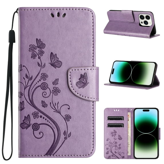 Decase for iPhone 15 Pro Max Wallet Case,Butterfly Embossed Pattern PU Leather Anti-Scratch Kickstand Full Body Shockproof Phone Cover with 3 Card Cash Slots & Strap,for iPhone 15 Pro Max -Lightpurple