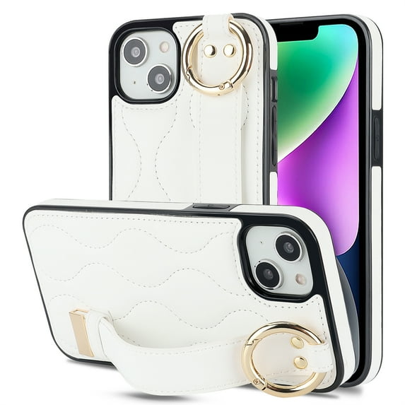 Decase for iPhone 15 Pro Max with Wrist band Kickstand Case,with Metal RIng,Slim Shockproof PU Leather Drop Proof Non-Slip Anti-Fingerprint Protective Phone Case Cover,White