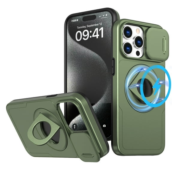 Decase for iPhone 15 Pro Military Grade Protection Case,Compatible with MagSafe,Built-in Rotation Ring Holder Stand,with Slide Camera Lens Protector,Slim Anti-Scratch Shockproof Cover,Olivegreen
