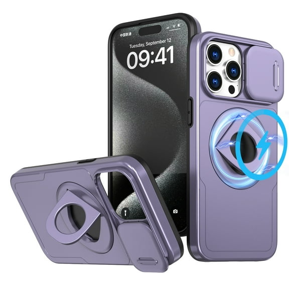 Decase for iPhone 15 Pro Military Grade Protection Case,Compatible with MagSafe,Built-in Rotation Ring Holder Stand,with Slide Camera Lens Protector,Slim Anti-Scratch Shockproof Cover,Purple