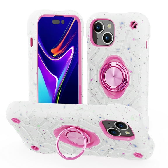 Decase for iPhone 15 Three-Layer Protection Case,Built-in Rotation Ring Holder Stand,Military Grade Heavy Duty Scratch Resistant Drop Proof Anti-Fall Rugged Shockproof Hard Phone Case,White/Pink
