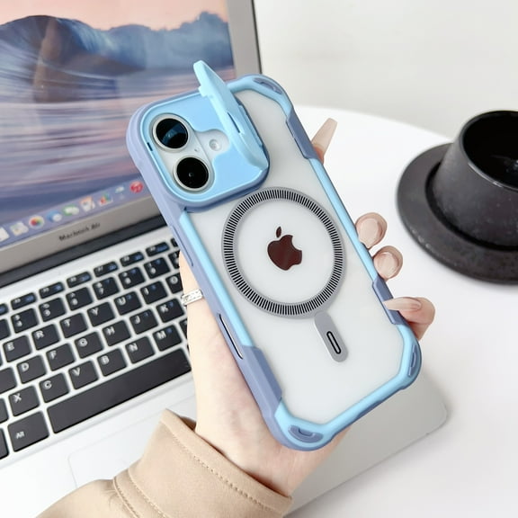 Decase for iPhone 16 Magnetic Clear Case with Kickstand, Compatible with Mag-Safe, Built-in Lens Stand, Military-Grade Protection Shockproof Rugged Phone Cover,Lightblue