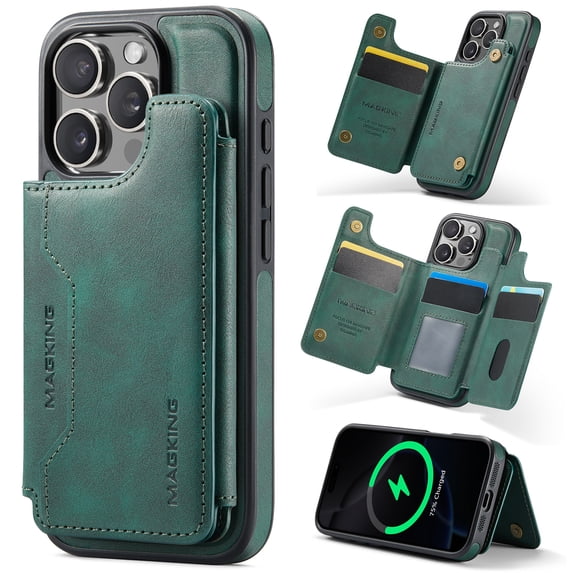 Decase for iPhone 16 Pro Magnetic Case, Detachable Leather Wallet Case with Card Holder Slots,RFID Blocking Hybrid Back Cover,Wireless Charging Support,Shockproof Protective Cover,Green