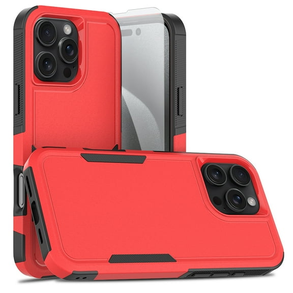 Decase for iPhone 16 Pro Max Rugged Case, Shockproof Heavy Duty Hybrid Protection Hard PC Shell Flexible TPU Bumper, Military Grade Drop Proof Durable Protective Case with Screen Protector,Red