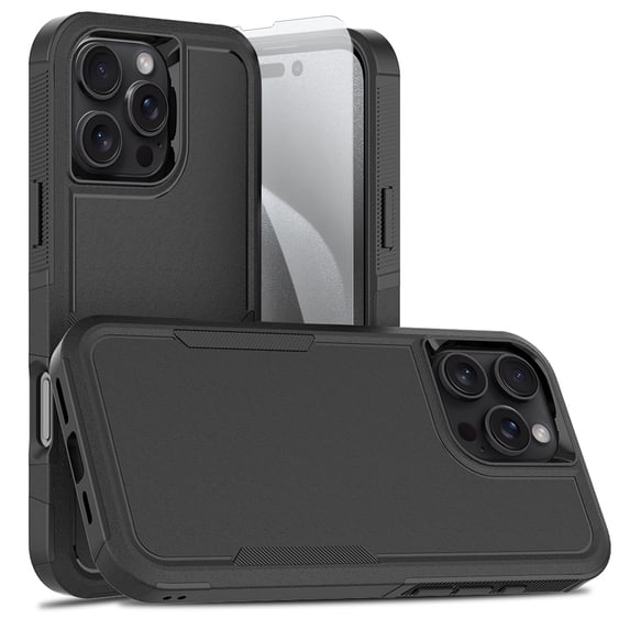Decase for iPhone 16 Pro Max Rugged Case, Shockproof Heavy Duty Hybrid Protection Hard PC Shell Flexible TPU Bumper, Military Grade Drop Proof Durable Protective Case with Screen Protector,Black