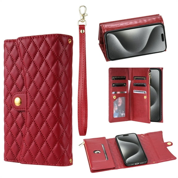 Decase for iPhone 16 Pro Max Wallet Case with Crossbody Strap & Hand Strap, Luxury Leather Flip Case with Card Holder Zipper Purse Wallet Protective Case,Red