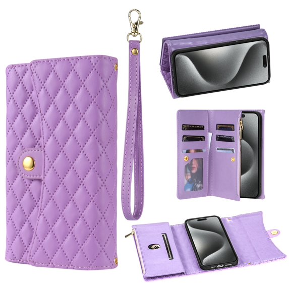 Decase for iPhone 16 Pro Max Wallet Case with Crossbody Strap & Hand Strap, Luxury Leather Flip Case with Card Holder Zipper Purse Wallet Protective Case,Purple