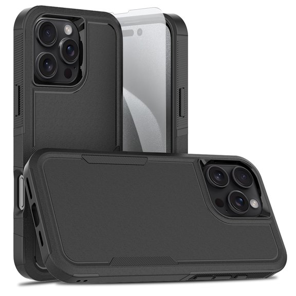Decase for iPhone 16 Pro Rugged Case, Shockproof Heavy Duty Hybrid Protection Hard PC Shell Flexible TPU Bumper, Military Grade Drop Proof Durable Protective Case with Screen Protector,Black