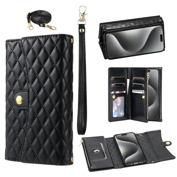 Decase for iPhone 16 Pro Zipper Wallet Case with Card Holder, 7 Card Slots Large Capacity and 2 Style Lanyards Like Fashion Clutch Hang Bag,Luxury Leather Zipper Purse Wallet Protective Case,Black