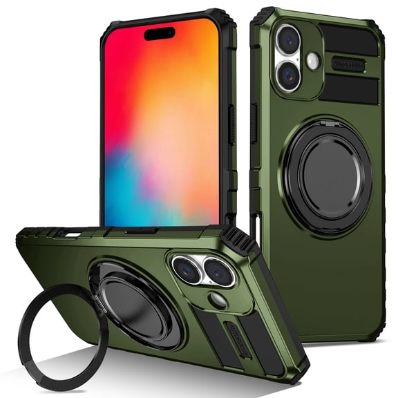 Decase for iPhone 16 Shockproof Rugged Case with 360° Rotation Kickstand, Military Drop Protection, Anti-Scratch, Non-Fading, Anti-Fingerprints, PC+TPU Back Cover with Screen Protector,Darkgreen
