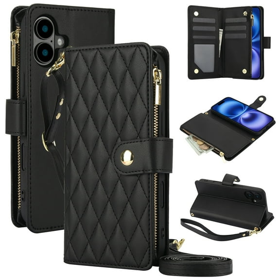 Decase for iPhone 16 Wallet Phone Case with Crossbody Lanyard Strap & Wrist Strip,Shockproof Stylish Zipper Pockets Case with Card Slots+Cash Slots,PU Leather Flip Folio Book Design,Black