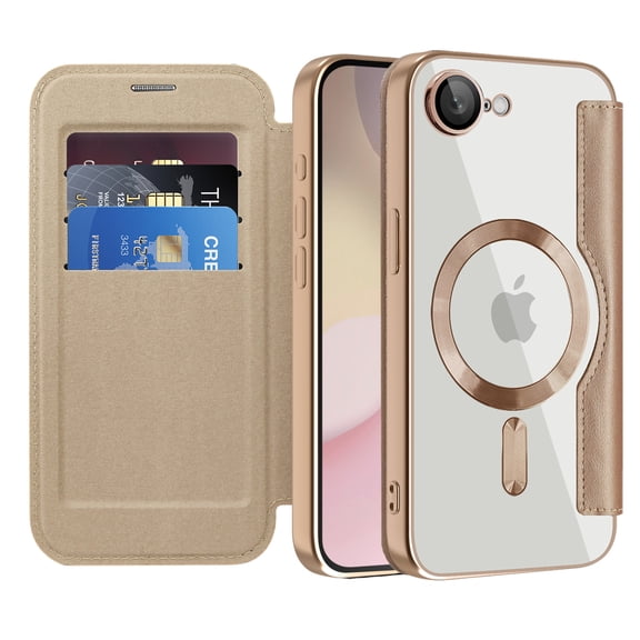 Decase for iPhone 16e Case,Magnetic Clear Wallet Cover with Quilted PU Leather Front,Shockproof Flip Case with Card Slot,RFID Blocking,Mag-Safe Compatible,Desertgold