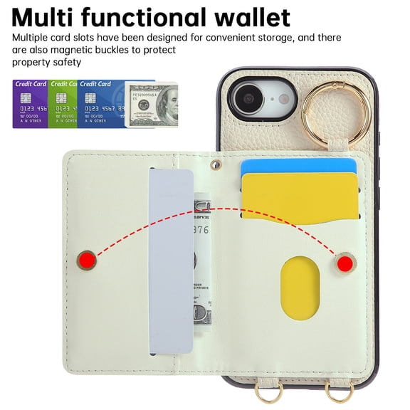 Decase iPhone 16e Crossbody Wallet Case with Strap, PU Leather Shockproof Protective Cover with Card Pocket, Kickstand, Cash Slot, Non-Slip Lightweight Carry Case with Metal Ring for Women & Girls,[C