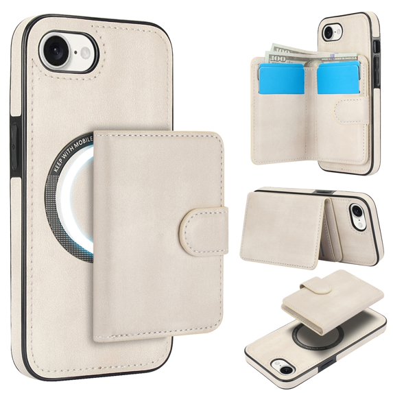 Decase for iPhone 16e Flip PU Leather Back Cover with 2-in-1 Detachable Magnetic Wallet with 5 Card Slots Compatible Mag-Safe and RFlD Blocking Kickstand and Wireless Charging,White