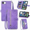 thumbnail image 1 of Decase for iPhone 16e Flip Wallet Case,PU Leather Zipper Pocket Phone Cover with Wrist Strap, Embossed Flower Pattern Folio Leather Card Slots Stand Hybrid Case,Purple, 1 of 10