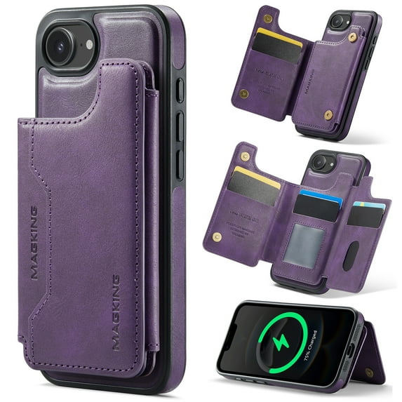 Decase for iPhone 16e Magnetic Case, Detachable Leather Wallet Case with Card Holder Slots,RFID Blocking Hybrid Back Cover,Wireless Charging Support,Shockproof Protective Cover,Purple