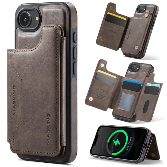 Decase for iPhone 16e Magnetic Case, Detachable Leather Wallet Case with Card Holder Slots,RFID Blocking Hybrid Back Cover,Wireless Charging Support,Shockproof Protective Cover,Coffee