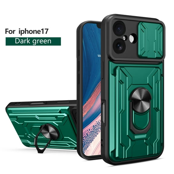 Decase for iPhone 17 Case with Card Holder & Slide Lens Cover, Shockproof Heavy Duty Protection Cover with Ring Kickstand Dual-Layer Hard Cell Phone Case,Green