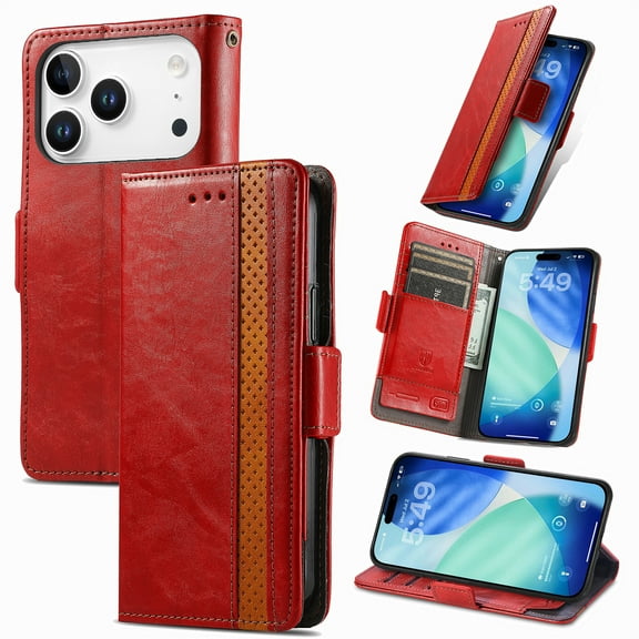 Decase for iPhone 17 Pro 2025 Flip Wallet Cover,Shockproof Flip Card Slots Holder Stand PU Leather Case,Business Wallet Phone Case for iPhone 17 Pro,Red