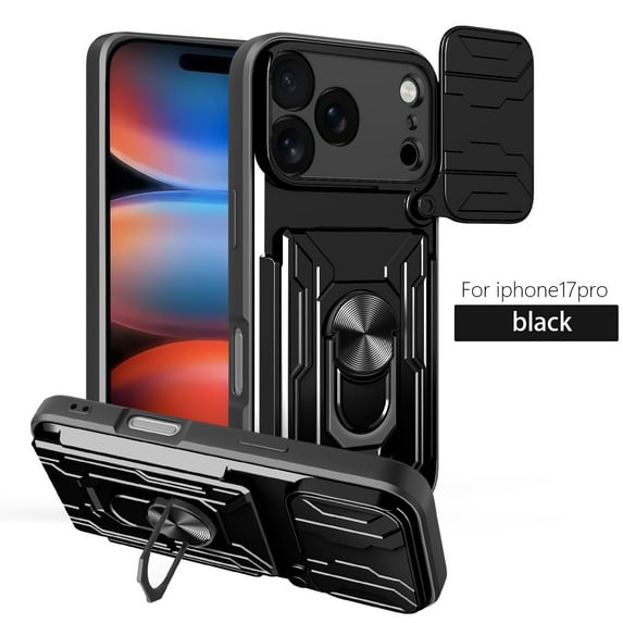 Decase for iPhone 17 Pro Case with Card Holder & Slide Lens Cover, Shockproof Heavy Duty Protection Cover with Ring Kickstand Dual-Layer Hard Cell Phone Case,Black