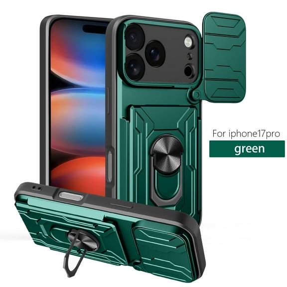Decase for iPhone 17 Pro Case with Card Holder & Slide Lens Cover, Shockproof Heavy Duty Protection Cover with Ring Kickstand Dual-Layer Hard Cell Phone Case,Green