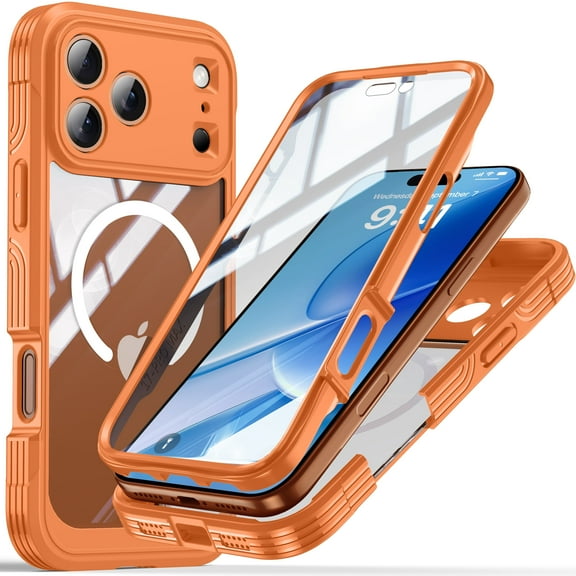Decase for iPhone 17 Pro Max 2025 Magnetic Case,Full-Body Protective Phone Cover with Built-in Glass Screen Protector,Compatible with Mag-Safe,Shock-absorbent TPU Bumper Water-Resistant Cover,Orange