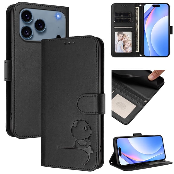 Decase for iPhone 17 Pro Max Wallet Case,Premium PU Cute Cat Leather Flip Wallet RFID Blocking Cover,Flip Cover with Wrist Strap,Shockproof Card Slot Holder Cover,Black