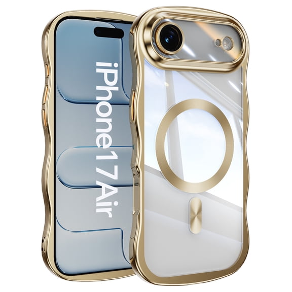 Decase for iPhone Air Magnetic Case Clear Back Cover,Compatible with Mag-Safe,Full Camera Protection,Cute Wave Frame,Electroplated Wavy Bumper Shockproof TPU Phone Case,Gold