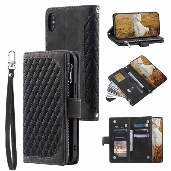 Decase for iPhone XS Max Case, Zipper Wallet Purse Card Slot Premium Soft PU Leather Zipper Flip Folio Wallet with Wrist Strap Kickstand Protective Cover,Black