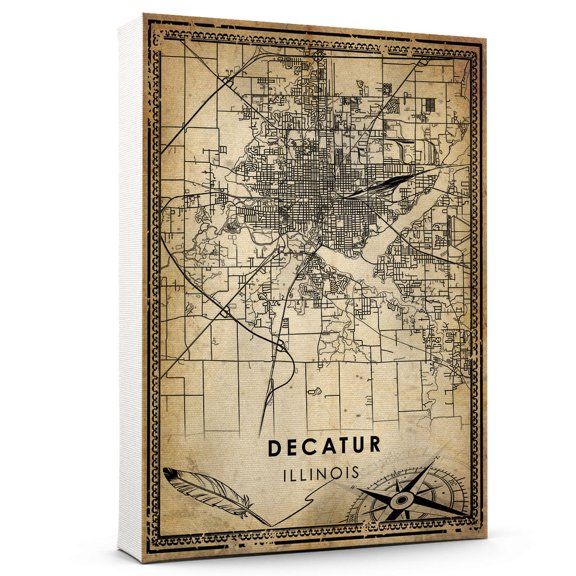 Decatur Vintage Map Prints Canvas, Illinois Map Art Canvas, Canvas, Decatur Map City style Watercolor art Canvas