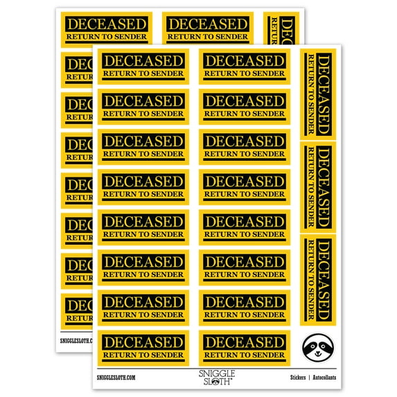 Deceased Return to Sender Mail Delivery Service Sticker Set - Yellow - Gloss Finish - 2.00" Large