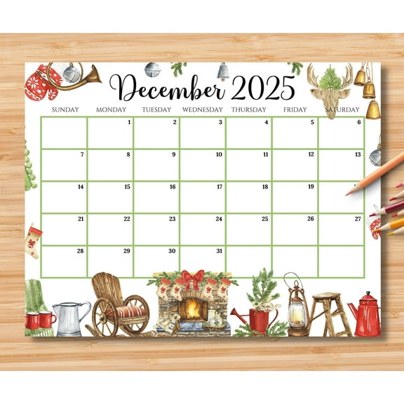 December 2025 Calendar Christmas Farmhouse Decor Cozy Monthly Calendar for Home and Work