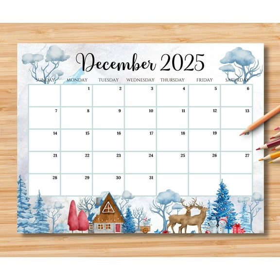 December 2025 Calendar Winter Highland Scene Cozy Monthly Calendar for Home and Office