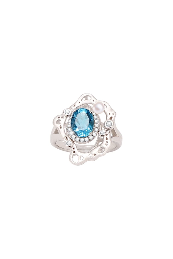 December Birthstone Blue Topaz Ring in 925 Sterling Silver with Zircon Halo and Pearl Accents, Elegant Wave Design Coastal Jewelry Gift for Women