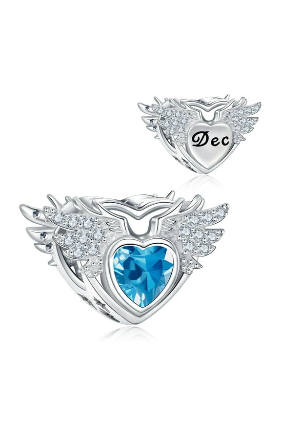 December Birthstone Charms for Charms Bracelet, Angel Wings 925 Sterling Silver Love Heart Bead Pendant Birthday Christmas Jewelry Gift for Women
