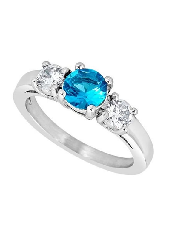 December Birthstone Ring Blue Cubic Zirconia 316L Stainless Steel Three Stone Womens Fantasy Forge Jewelry