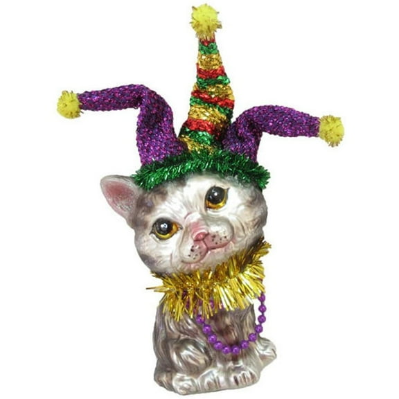 December Diamonds 79-81007 Blown Glass Ornament Cat with Jester Hat 4 Inches