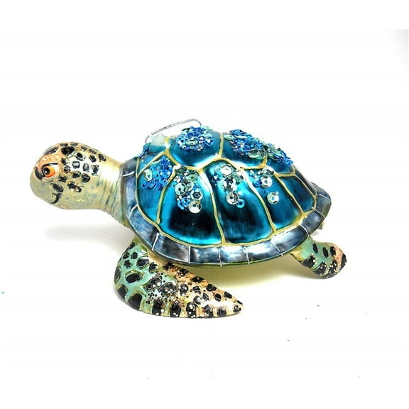 December Diamonds Blue Smiling Sea Turtle Glass Christmas Ornament